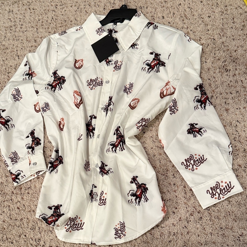 Women’s Pearl Snap Yee Haw Western Print Blouse -Sz M/L